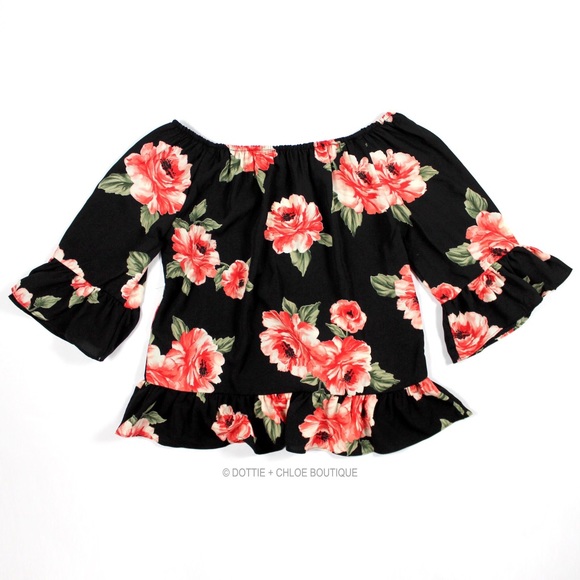 FLORAL RUFFLE OFF THE SHOULDER BELL SLEEVE TOP - Picture 4 of 8