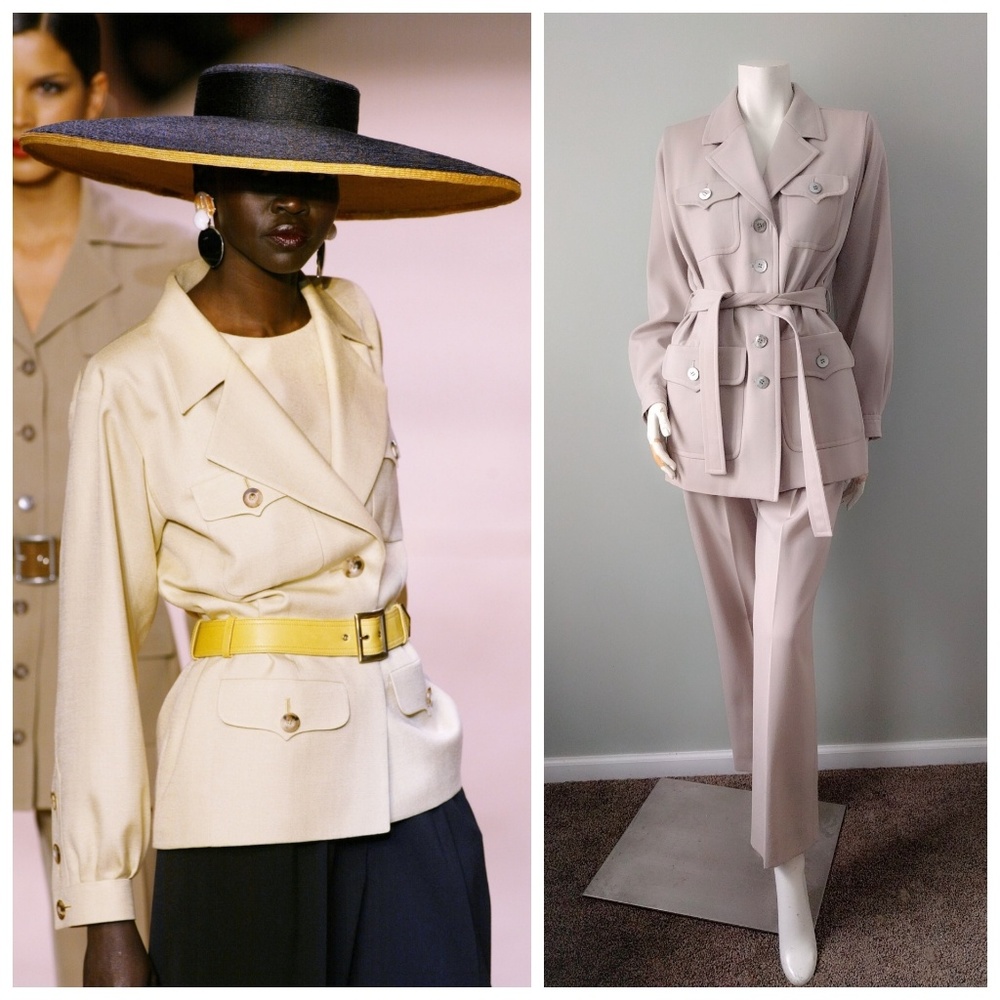 Rare! Vintage 1990s YSL Safari Pantsuit Beige Wool 36 S - Picture 1 of 6