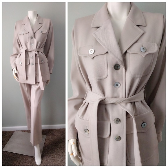 Rare! Vintage 1990s YSL Safari Pantsuit Beige Wool 36 S - Picture 3 of 6