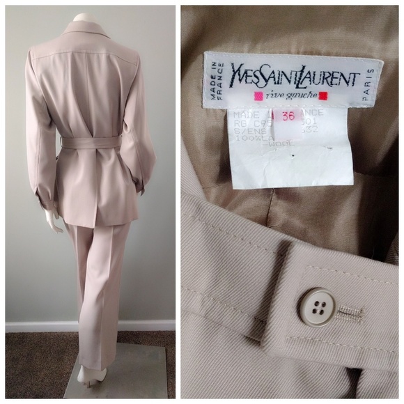 Rare! Vintage 1990s YSL Safari Pantsuit Beige Wool 36 S - Picture 5 of 6