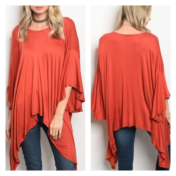 Rust Burnt Orange Flowy Boho Jersey Tunic Top - Picture 2 of 2