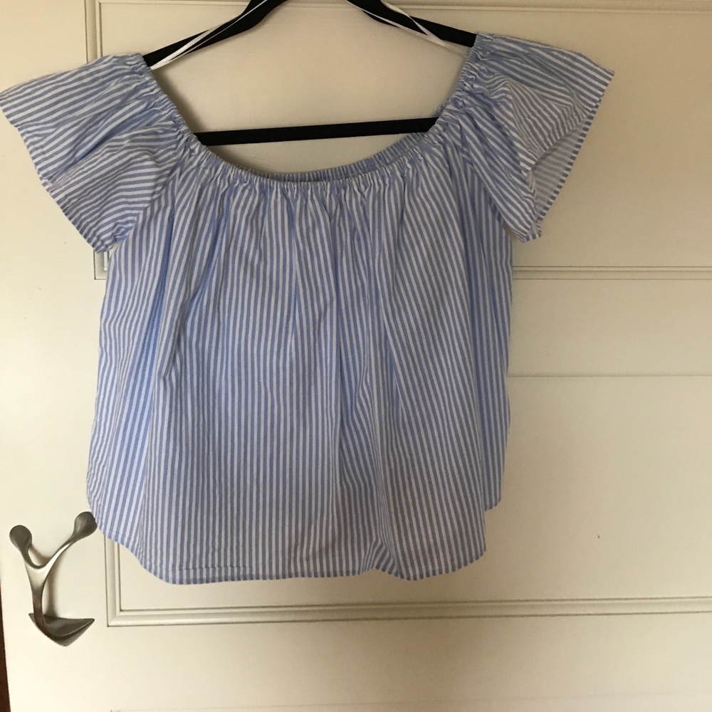 Zara Blue and White Striped Off the Shoulder Top