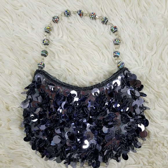 Handbags - Blue beaded and large sequin evening bag