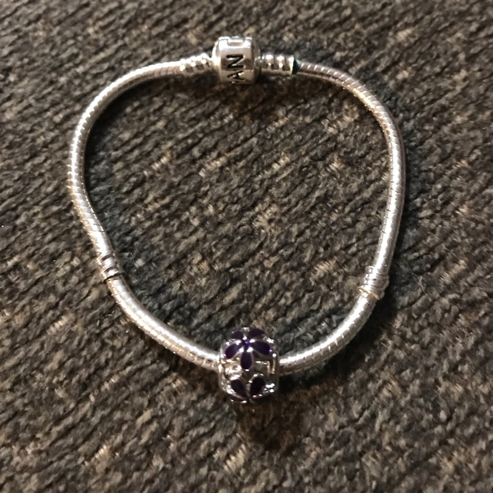 Silver Pandora Bracelet w/ Purple Flower Charm