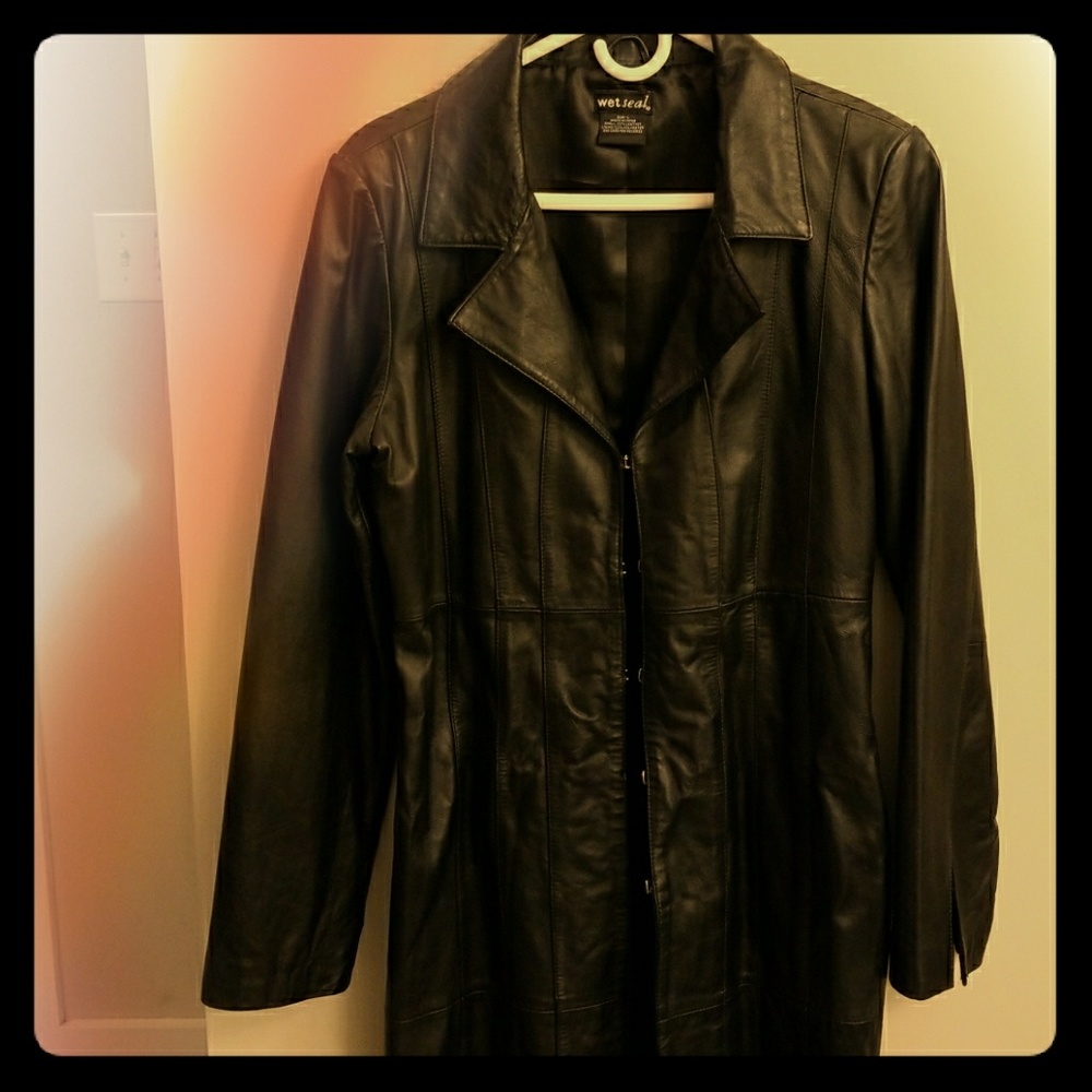 Black leather trench coat