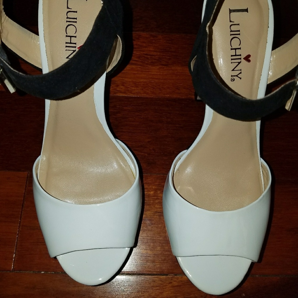 Luichiny White Patent/Black Suede platform sandals