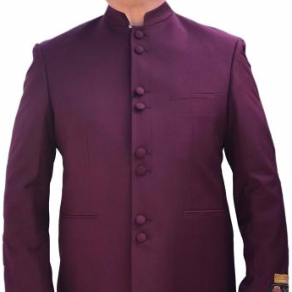 Mandarin 8 Button Suit In Maroon For Men.
