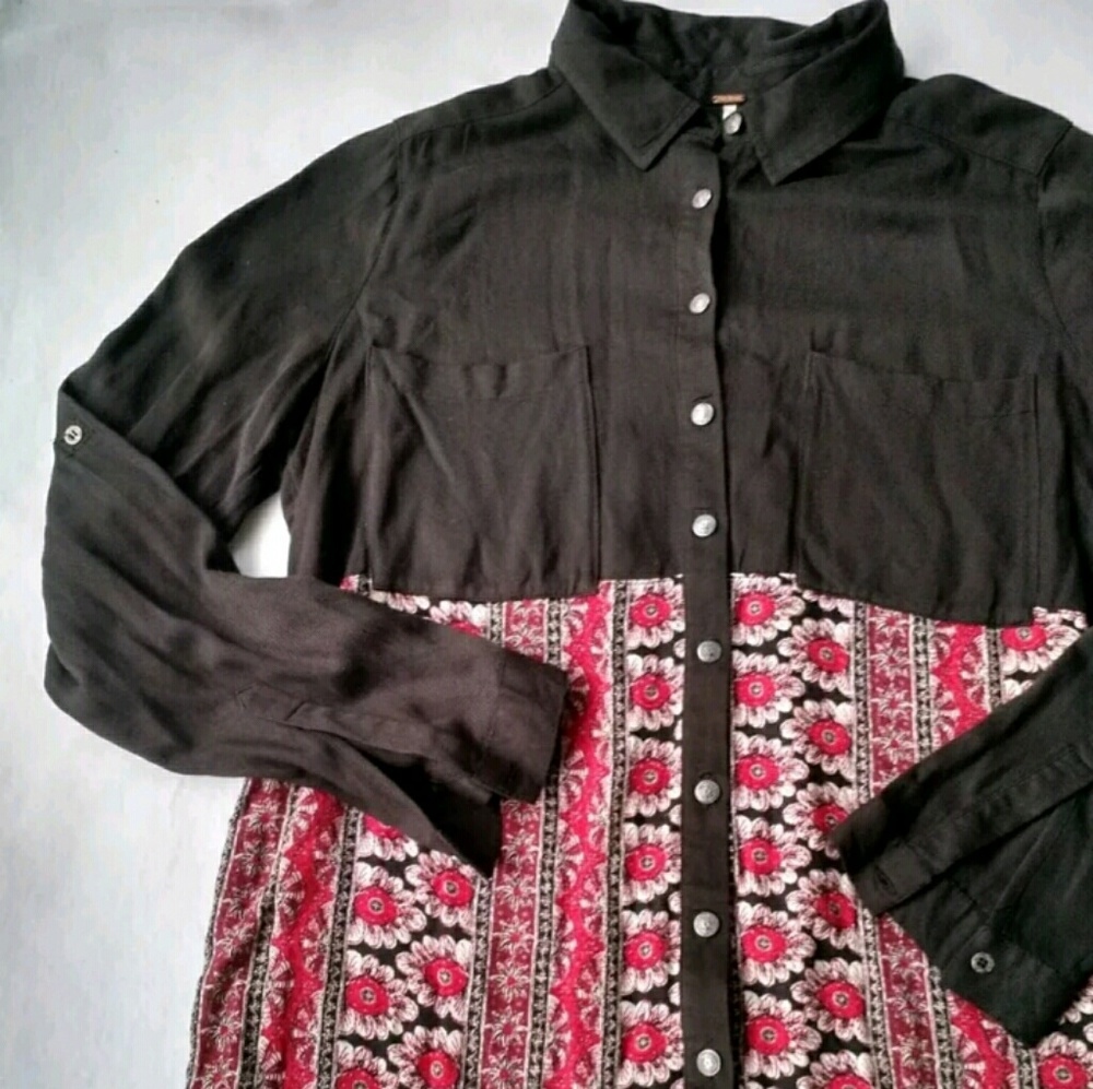 Free People Black & Red Floral Boho Top XS