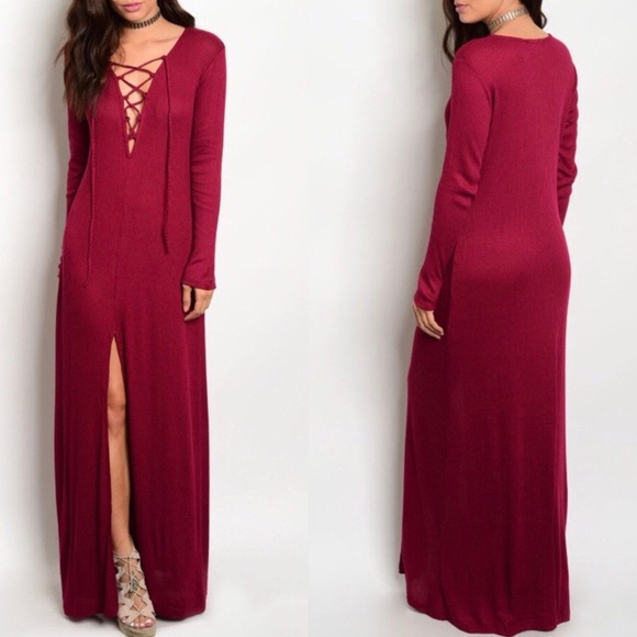 Boutique Dresses & Skirts - 🆕Wine-Red Lace-Up Slit Maxi Dress