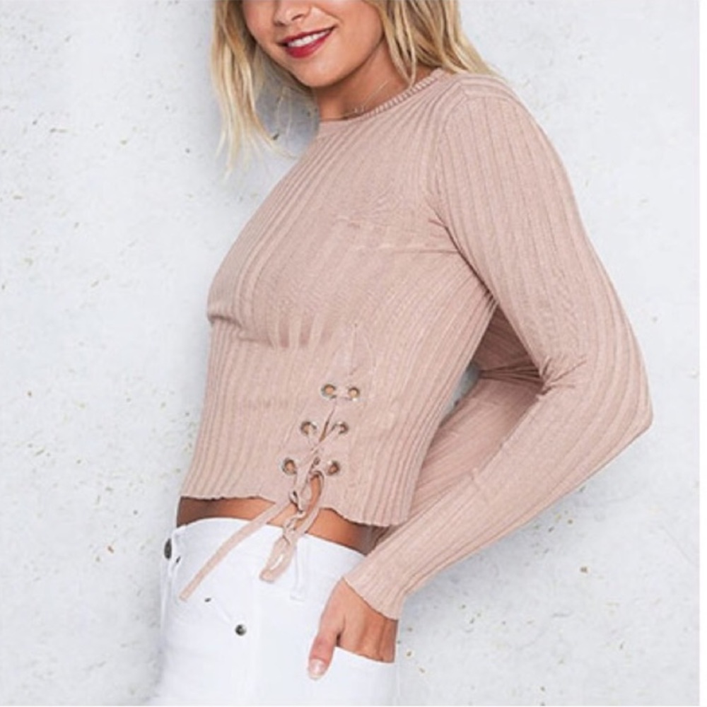 'Kaelen' Blush Lace Up Sweater - Picture 2 of 7