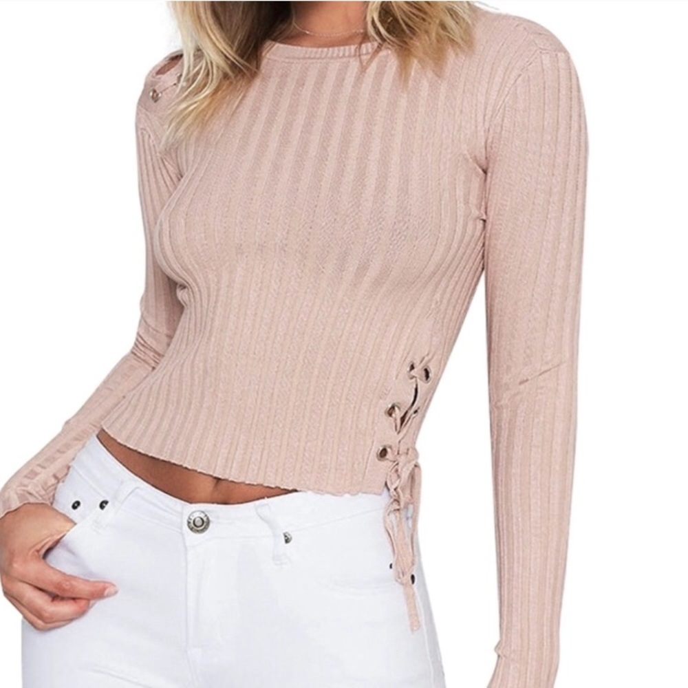 'Kaelen' Blush Lace Up Sweater - Picture 7 of 7