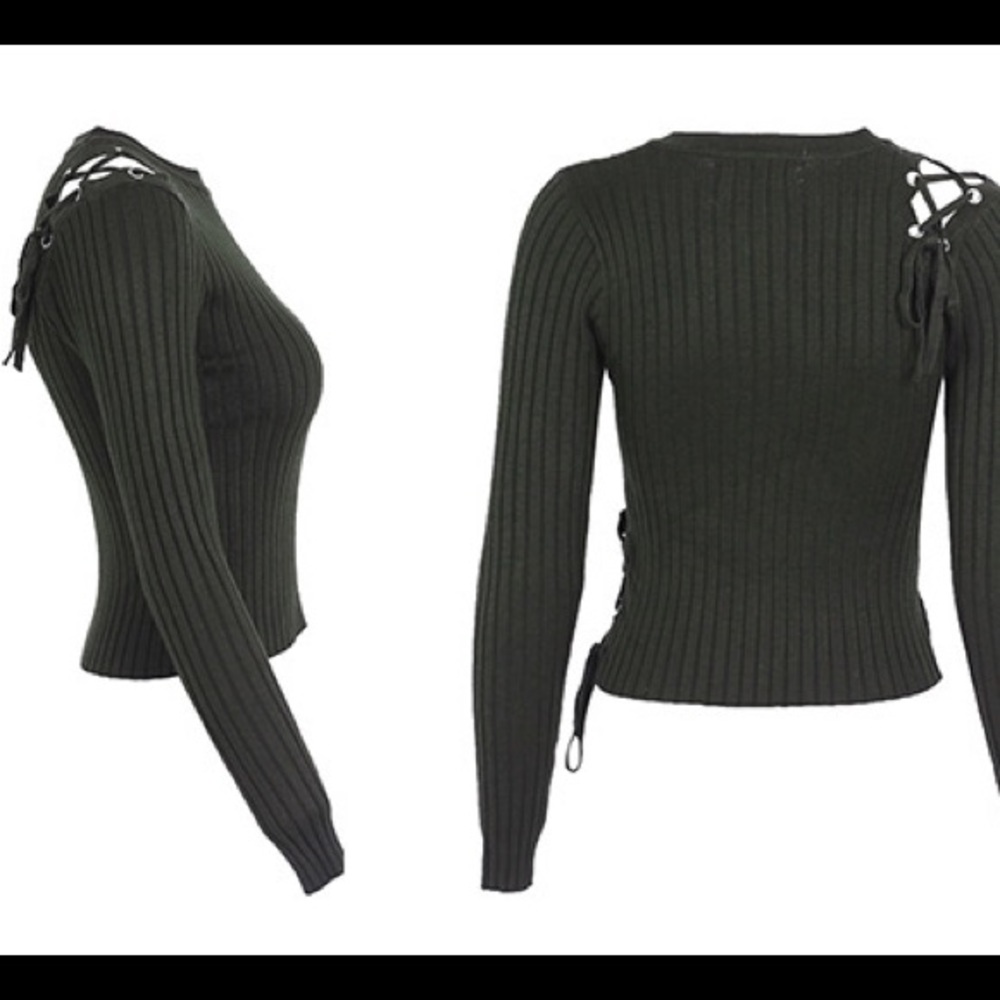 'Kaira' Olive Lace Up Sweater - Picture 2 of 3