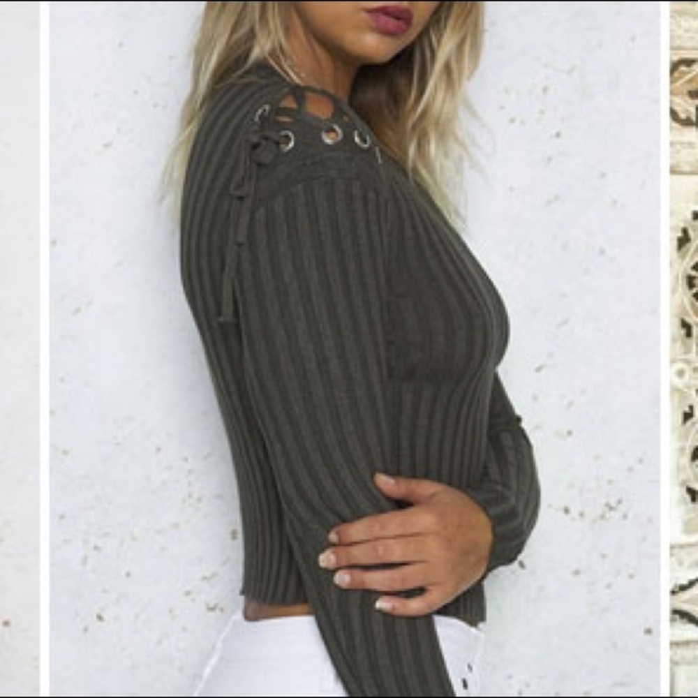 'Kaira' Olive Lace Up Sweater - Picture 3 of 3