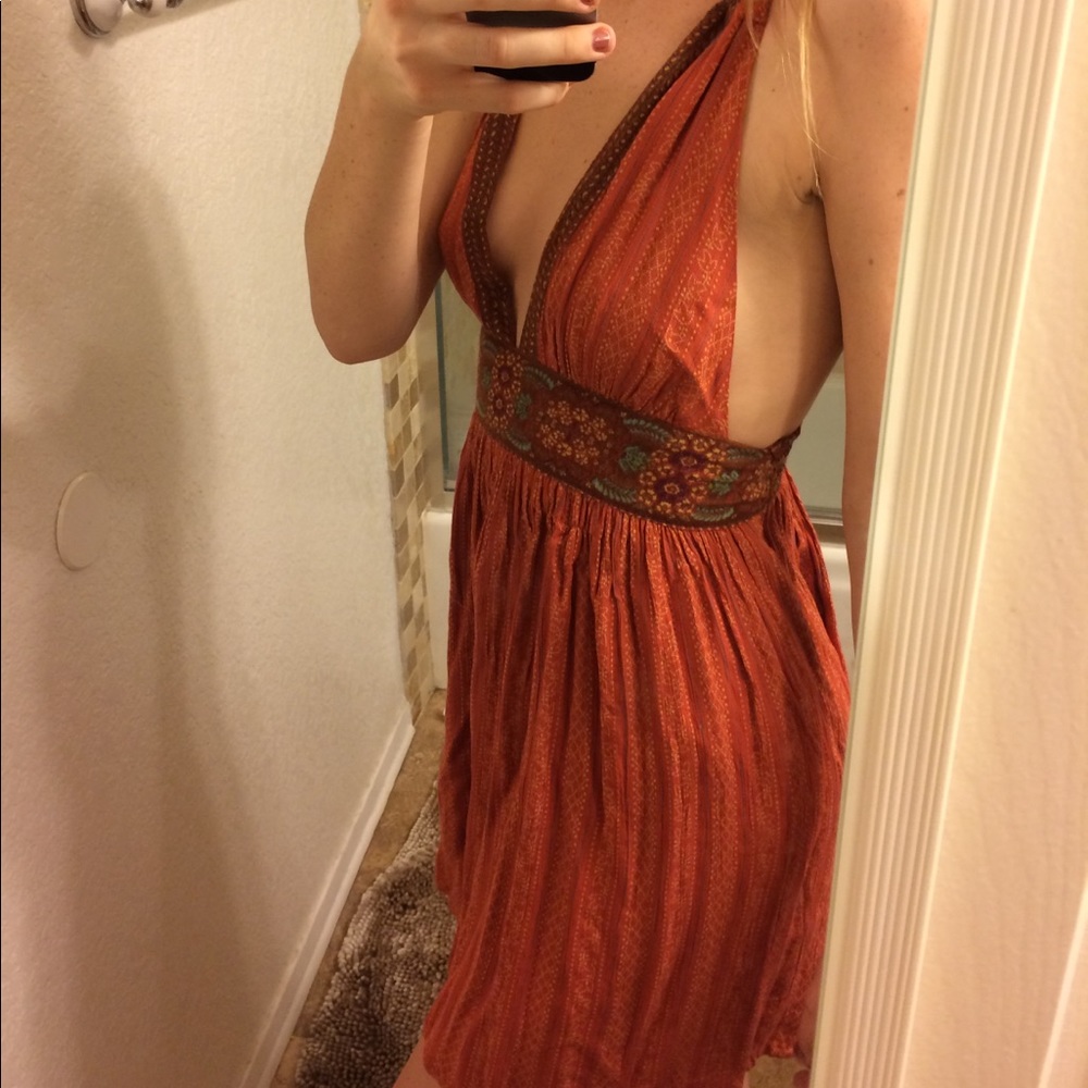 Peach/red plunge cut dress