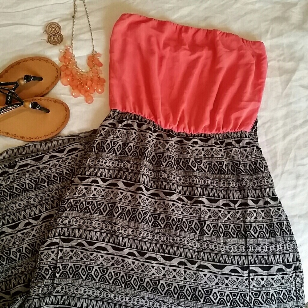 Pink & Black Strapless Boho Style Maxi Dress