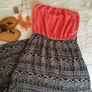 Pink & Black Strapless Boho Style Maxi Dress