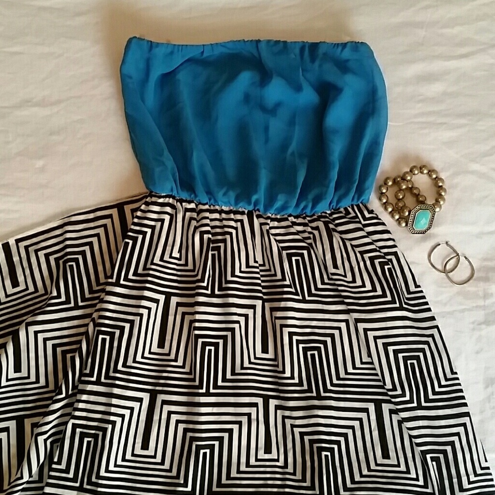 Blue & Black Strapless Boho Style Maxi Dress