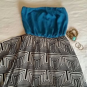 Blue & Black Strapless Boho Style Maxi Dress