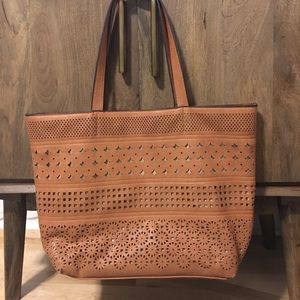 Camel colored cutout tote bag