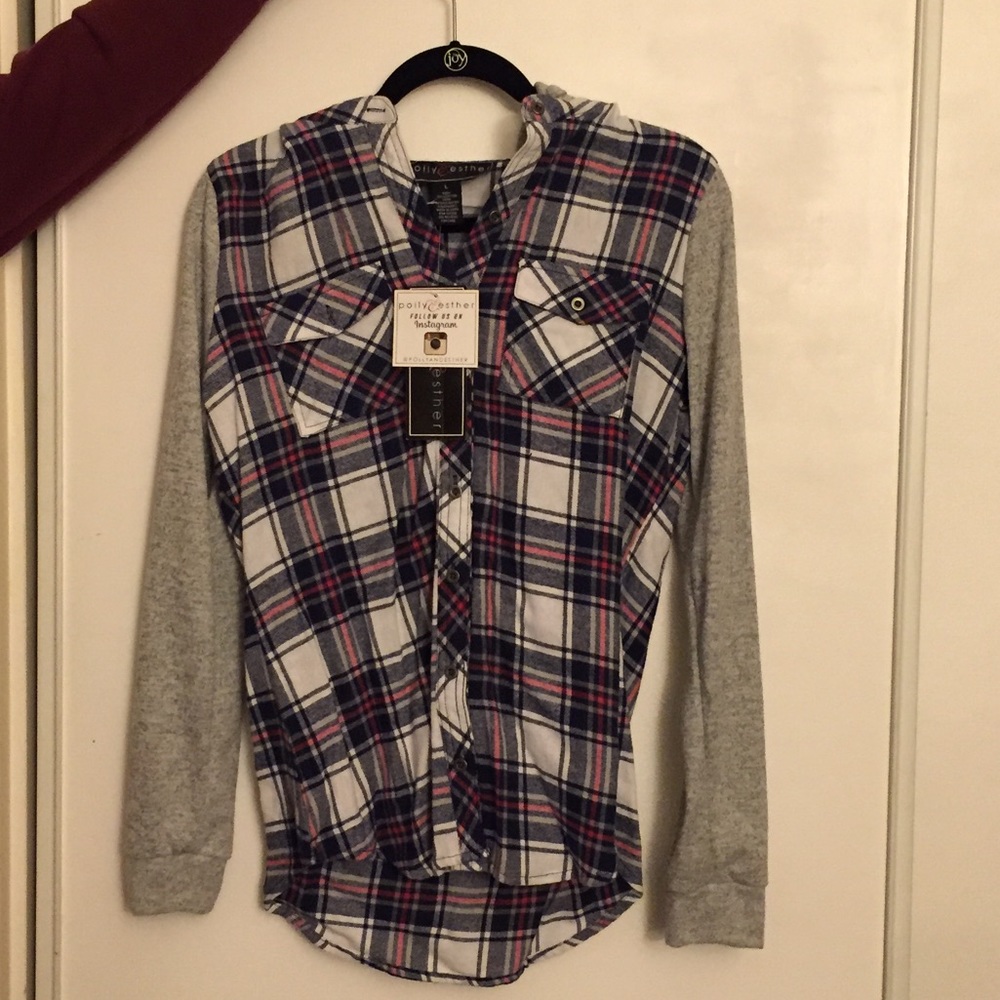 Blue and pink flannel with grey sleeves and hood.