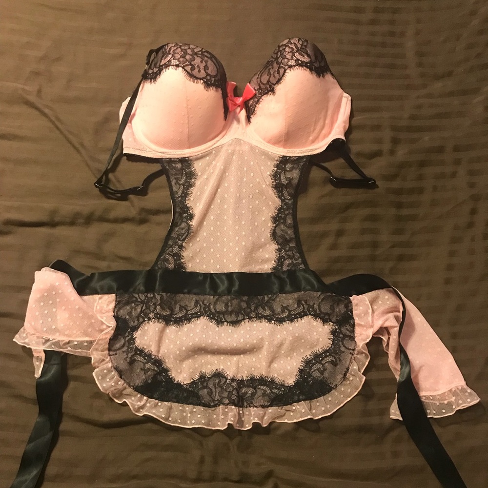 36D Victoria’s Secret pink black lingerie apron