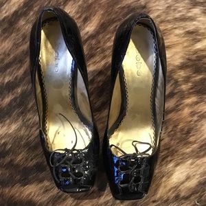 Black Patent Leather Peep Toe Pumps