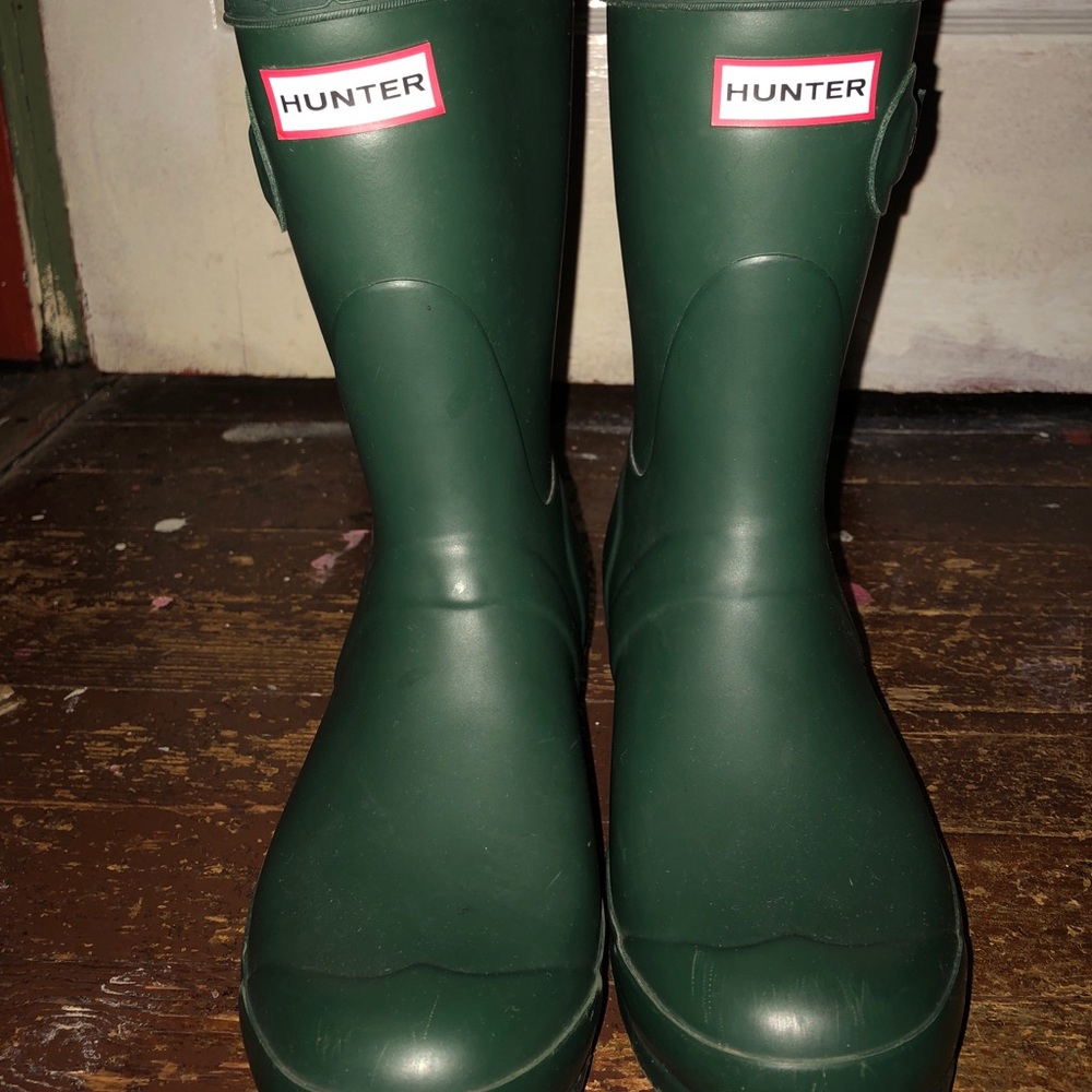 Short green hunter rain boots