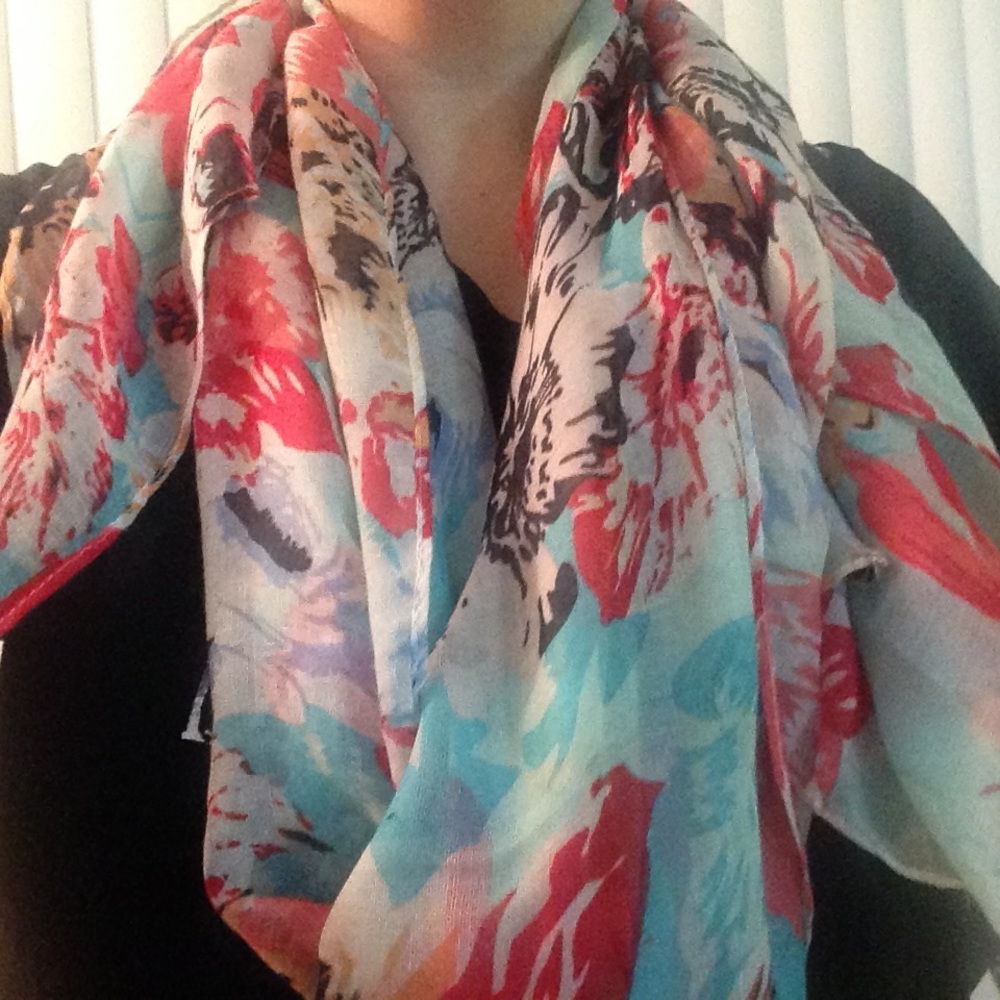 Pink floral and blue 6 foot long scarf / shawl