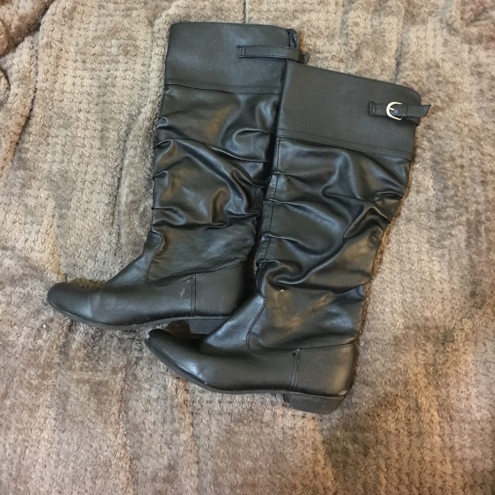 Slouched black faux leather boots