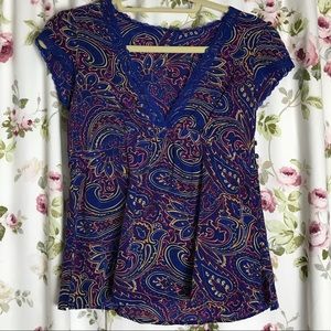 Paisley V-neck blouse with lace. Size small.