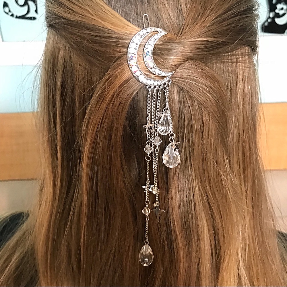 Silver Moon Crystal Hippie Boho Gypsy Hair Clip - Picture 2 of 8