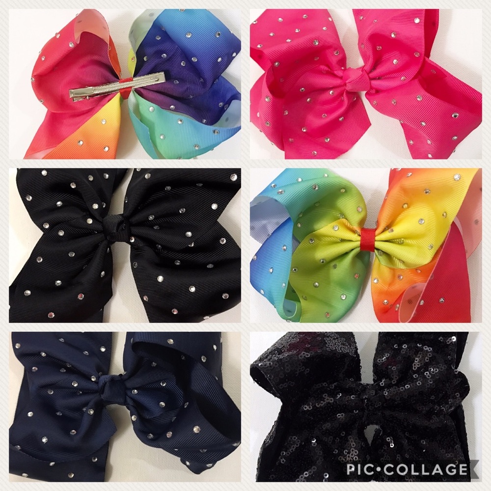 Six LARGE 8 inch hair bows with rhinestones