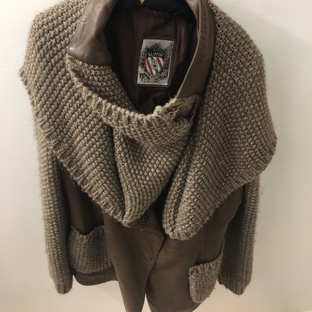 Fancy lather jacket( knitted hood and sleeves )