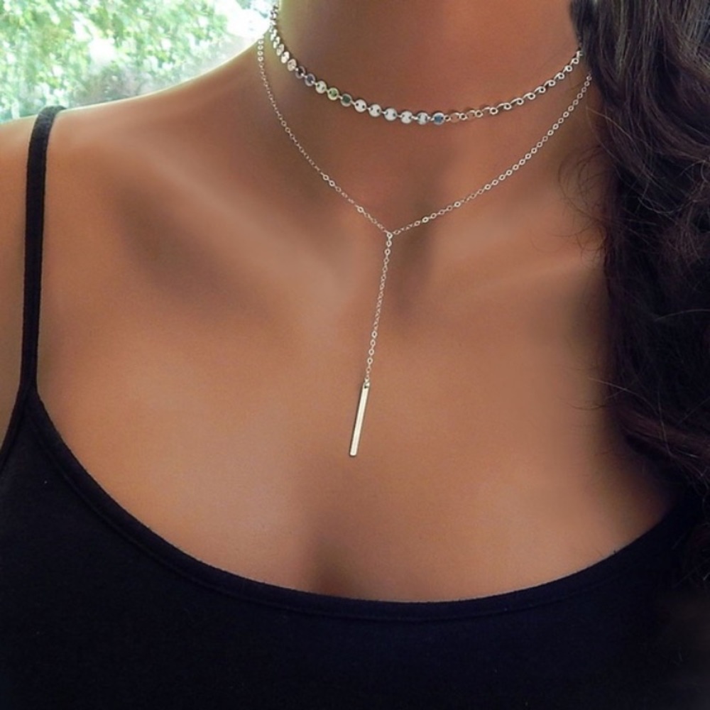Dainty double chain coin necklace in gold or silver