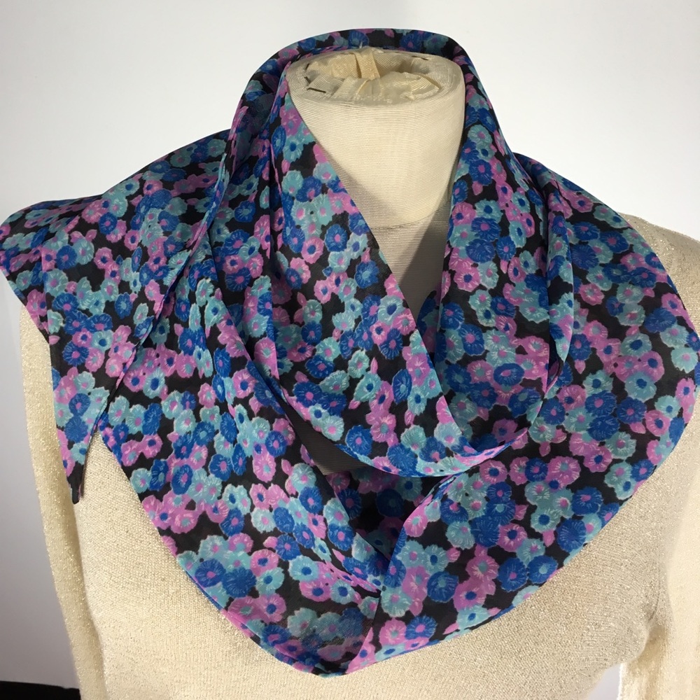 Black pink blue floral sheer thin scarf