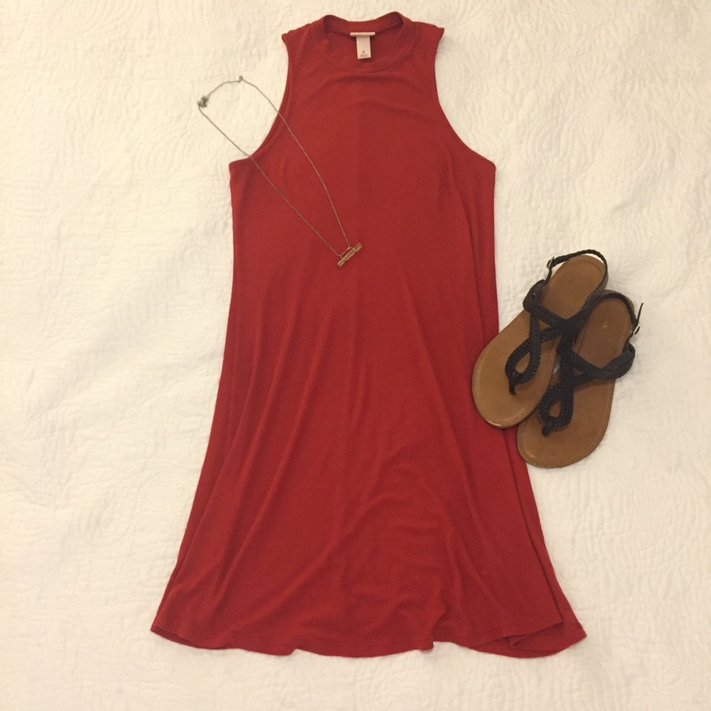 Orange-Red Rib Knit Sleeveless Dress