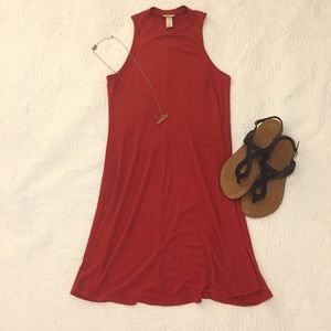 Orange-Red Rib Knit Sleeveless Dress