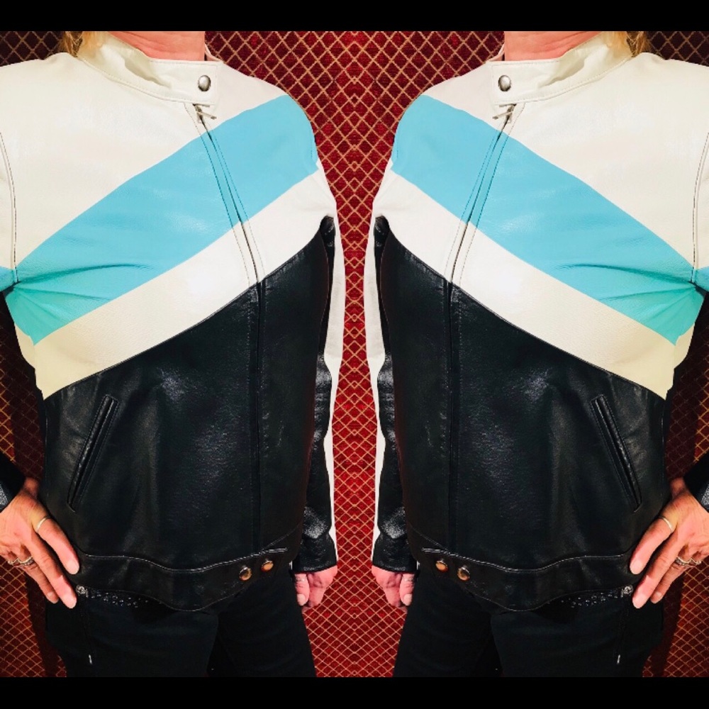 Blue, White, Black Striped Moto Leather Jacket