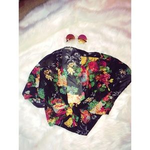Black floral print kimono