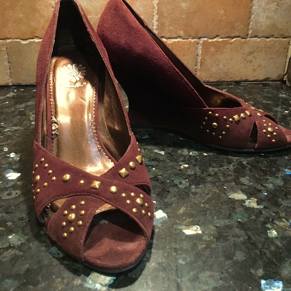 Genuine Suede Wedge Shoes with Brass Nailheads