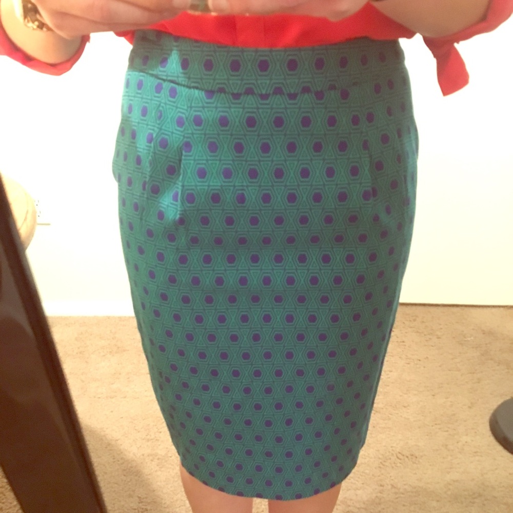 Teal/green and blue pencil skirt.