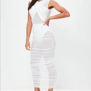 white ruched mesh dress