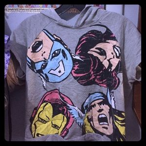 Maverl shirt with a hoodie.