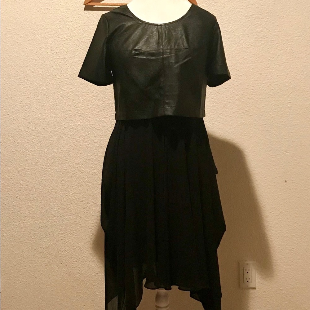 Faux Leather and Sheer Black Midi Dress