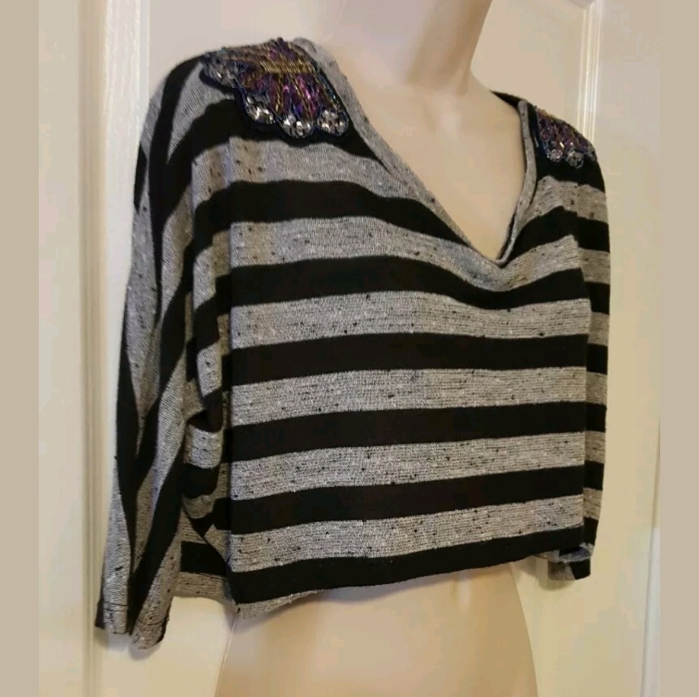 VOLL sz L Grey Black STRIPE Crop Top Sequin Top