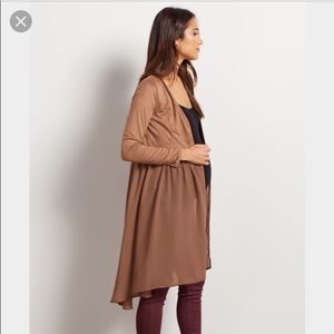 Mocha faux suede chiffon maternity cardigan
