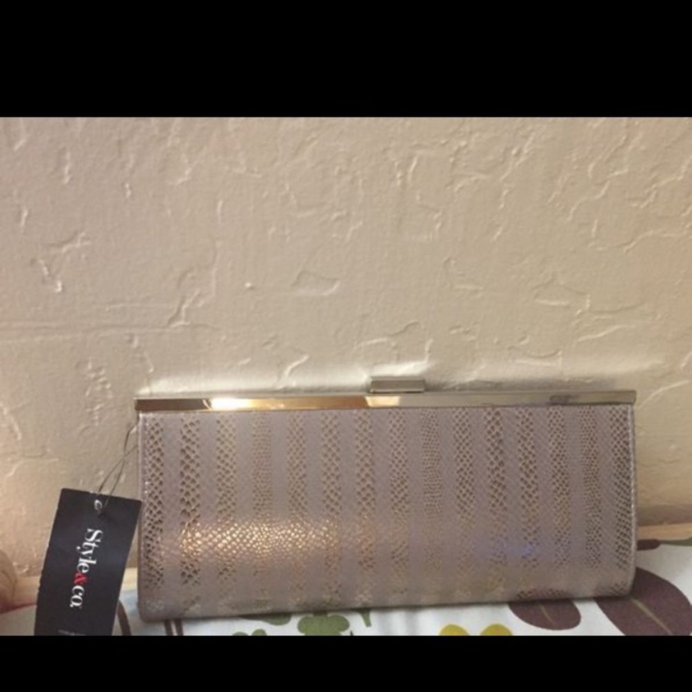 style & co carolyn striped clutch taupe