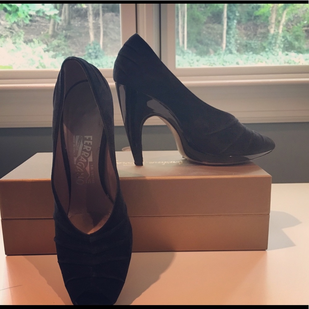 Ferragamo Black Suede Peep Toe Pump