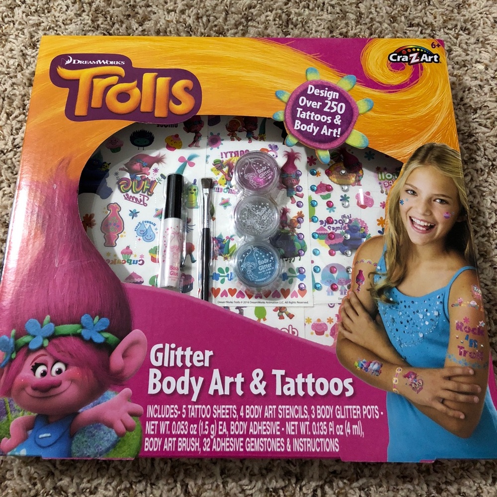 Trolls Glitter Art and Tattoos