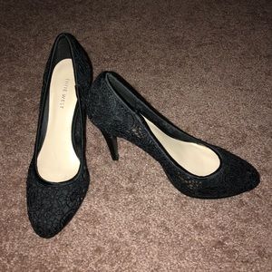 6 1/2M. Lacey black pumps.  Worn only once.